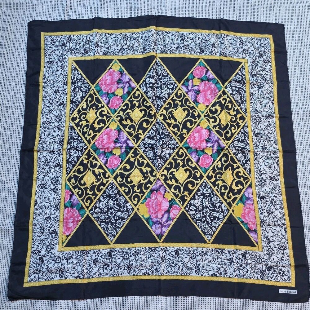 Vintage Harve Benard Hand Rolled Square Silk Scarf Floral Checkered Geometric
